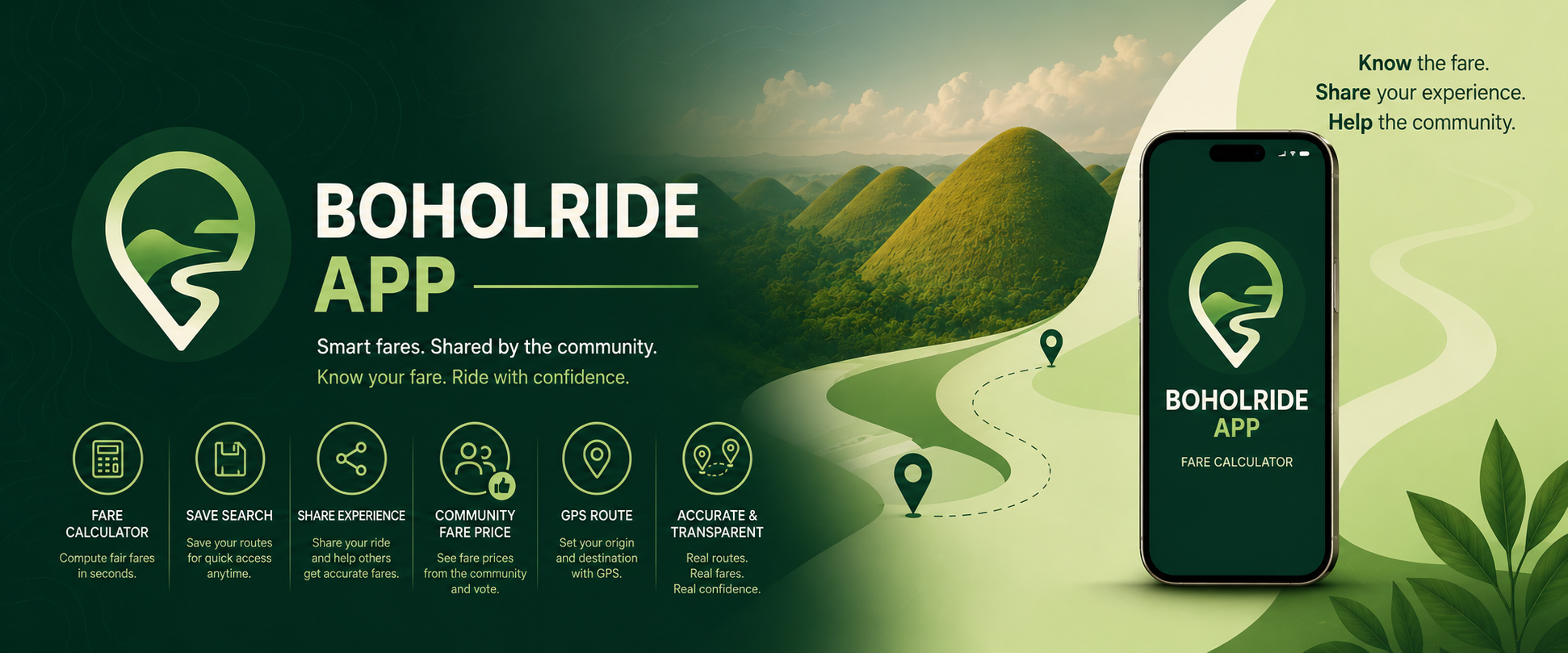 BoholRide app — fare calculator over the Chocolate Hills of Bohol